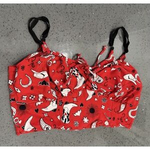 HELL BUNNY Red Rodeo Cowboy Boots Rockabilly Pinup Retro Gothic Crop Top Large